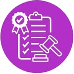 ESG compliance icon magenta background, white folder with a checklist and a jury hammer